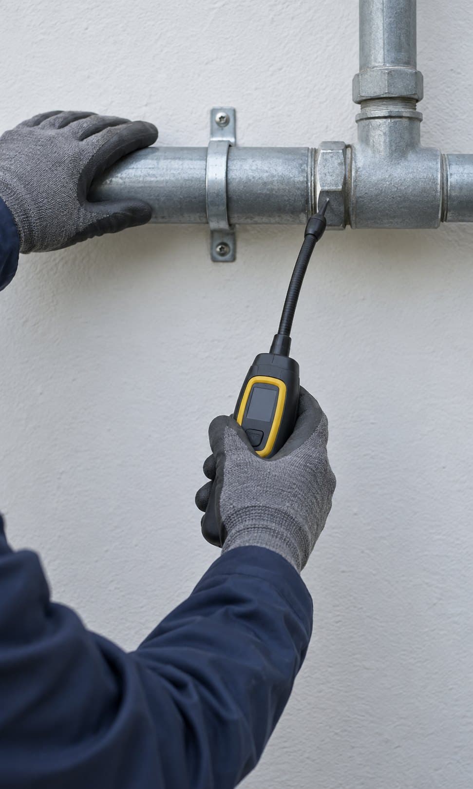 Boru bağlantısında el tipi gaz kaçak dedektörüyle kontrol yapan eldivenli eller